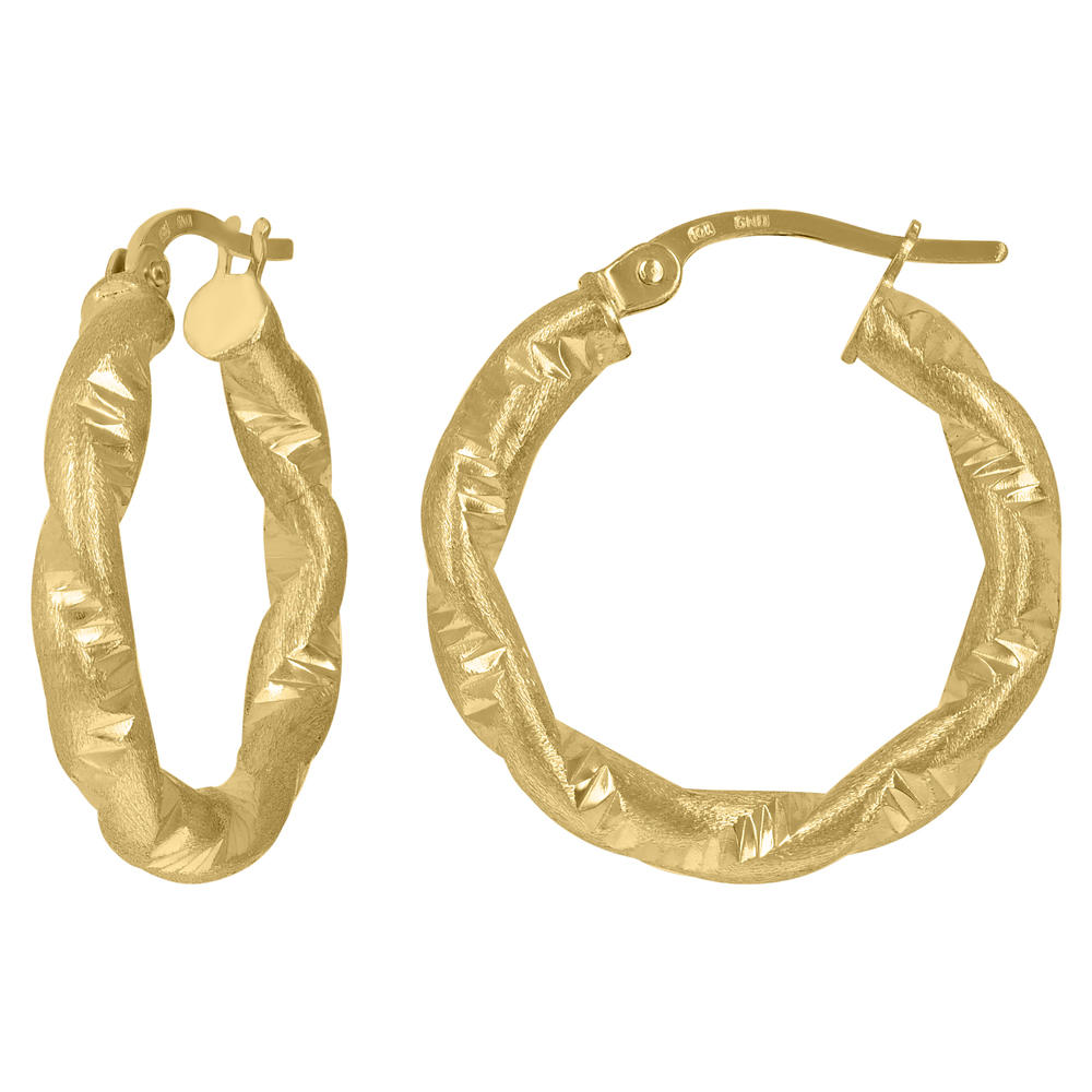 10kt 10k  Gold  Twisted Tube Diamond-cut Brushed 3mm X 20mm Hinged Hoop Huggie